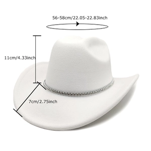 White felt western cowboy hat with rhinestone band detail and measurements shown
