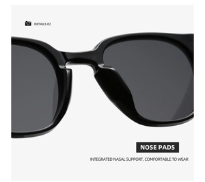 Detail of integrated nose pads on black square sunglasses for enhanced wearing comfort