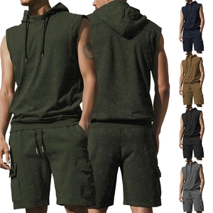 Detailed grid showing army green, navy, and khaki sleeveless hoodie and shorts sets