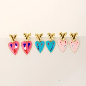 Minimalist gold heart earrings with colorful enamel drop pendants in pink and blue tones