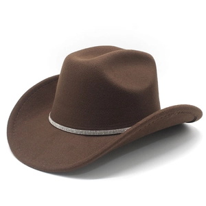 Brown western felt cowboy hat with sparkling silver rhinestone band on white background