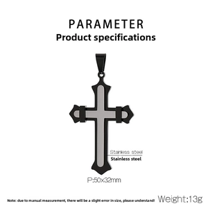 Detail of black double-layered stainless steel cross pendant with 50x32mm measurements