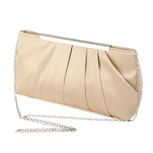 Detail of elegant pleated champagne satin evening clutch with silver chain strap
