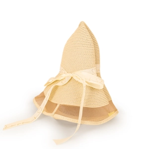 Detail of beige straw hat featuring mesh brim and Love You Forever printed ribbon bow