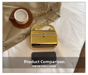 Close-up of golden mirror acrylic box clutch with metal handle and chain strap detail