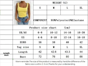 Size chart showing polyester camisole measurements in centimeters and UK US EU sizing