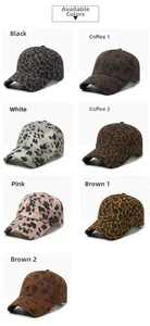 Detailed grid view of leopard print baseball caps showing seven color options and distressed brims