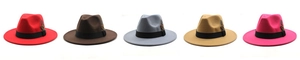 Flat lay of colorful wool Fedora hats with black ribbons and feather accents