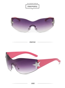 Vues détaillées de face et de profil des lunettes Y2K à étoiles et verres dégradés rose/violet.