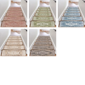 Detail view of anti-slip stair mats in vintage geometric patterns with five color options