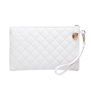 White quilted faux leather clutch with diamond stitching and gold turn-lock closure