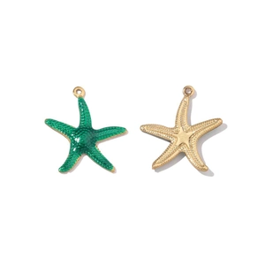Pendentifs étoile de mer en acier poli, finition émail vert et doré avec anneau