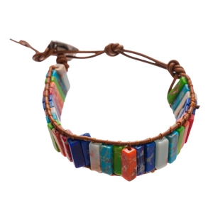 Bohemian braided leather bracelet with multi-color geometric natural stones and metal button