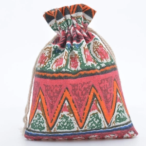 Ethnic style drawstring cotton pouch with geometric patterns for gift storage