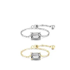 Adjustable S925 silver chain rings with emerald cut cubic zirconia in gold and silver