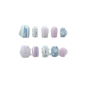 Handmade light purple press-on nails with glitter butterflies and aurora stripes