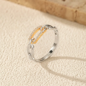 Bague cadenas en argent sterling S925 et or avec pavé de diamants en zircone cubique