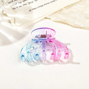 Macro shot of transparent gradient resin hair claw clip with blue and purple tones