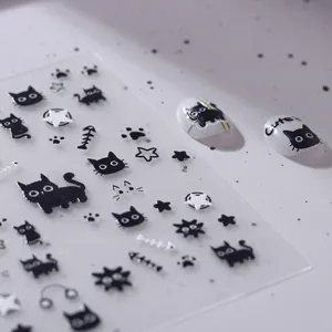 5D Embossed Nail Art Stickers Cute Black Cat Pattern Fish Bone Star Letter Japanese Ins Style DIY Manicure Decoration