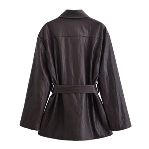 Back view of a coffee brown faux leather long jacket with belted waist and rich texture