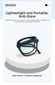 Foldable black TR90 sunglasses weighing 20g with blue-yellow gradient lenses and anti-glare
