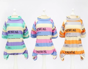 Detailed knit texture of colorful striped dog pajamas with embroidered logo lettering