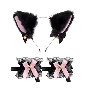 Detail of pink and black faux fur cat ears headband with matching lace wrist cuffs and bells