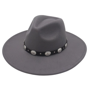 Dark gray wide brim felt fedora hat with black leather studded band for men and women