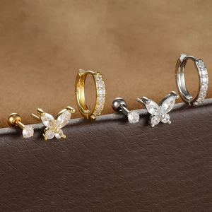 Butterfly Stud Earrings And Rhinestone Hoop Earrings Set Exquisite Small Copper Jewelry For Women Dainty Daily Accessory