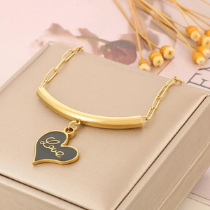 Gold plated long link chain necklace with black heart pendant and Love engraving