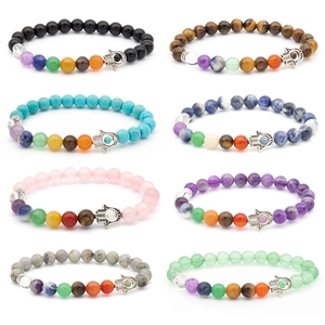 Natural Stone Beaded Bracelet With Seven Chakra Beads Alloy Hamsa Hand Charm Elastic Yoga Energy Healing Jewelry