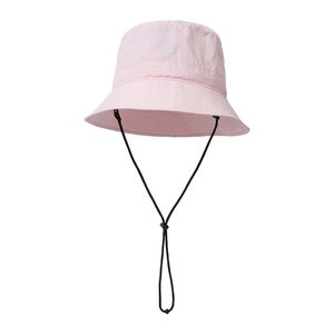 Detail of pink waterproof fisherman hat with adjustable black windproof cord and slider