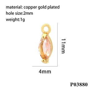 Detail of 11mm pink marquise zircon pendant in 18K gold-plated copper with dimensions