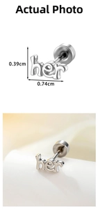 Macro detail of silver 'her' letter stud earring with dimensions 0.39cm x 0.74cm
