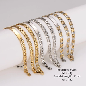 Hip hop 8mm cuban link chain necklace and bracelet set in gold and silver finish
