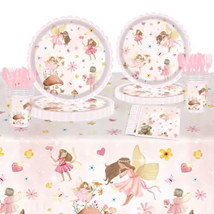 Kit vaisselle jetable et nappe rose thème fée et champignon pour fête anniversaire fille