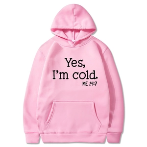 Felpa rosa oversize con cappuccio, scritta 'Yes, I'm cold' e coulisse regolabile