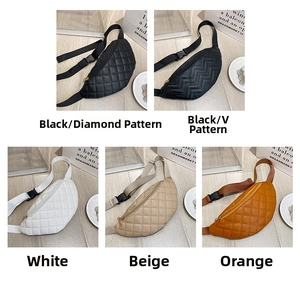 Detailed view of quilted waist bags in black, white, apricot and orange with metal zippers