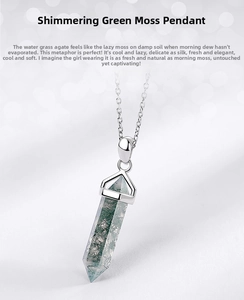 Close-up of hexagonal green moss agate pendant with polished S925 silver clasp