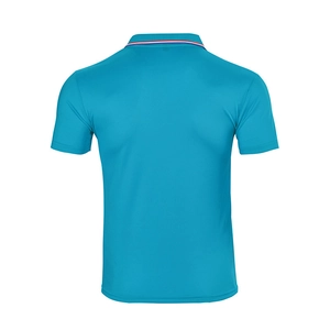Rear view of sky blue men's polo shirt featuring striped ribbing on collar and sleeves