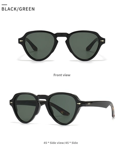 Front and 45-degree views of retro round black sunglasses with green lenses and gold rivets