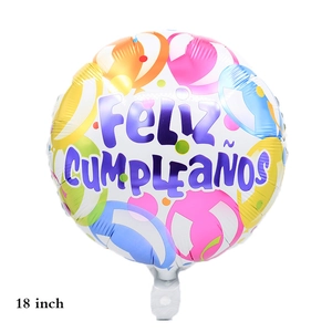 Detail of 18 inch round foil balloon featuring colorful Feliz Cumpleaños Spanish greeting