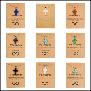 Collier Pendentif Croix Avec Pierre Naturelle Chaîne En Acier Inoxydable Carte D'amitié Cadeau Pour Femmes Et Hommes