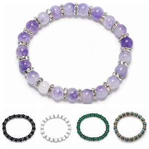 Natural Stone Beaded Bracelet With Alloy Rhinestone Spacer Beads Round Gemstone Stretch Fashion Jewelry For Men Women
