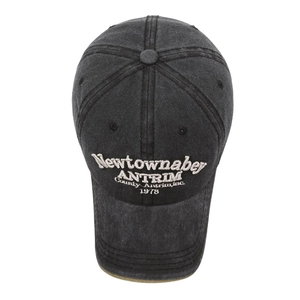 Vintage washed dark grey cotton baseball cap with retro white embroidery detailing