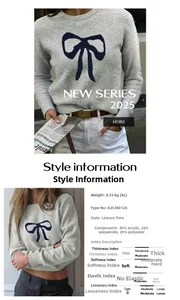 Detailed close-up of grey knit sweater featuring a large dark blue bow jacquard pattern