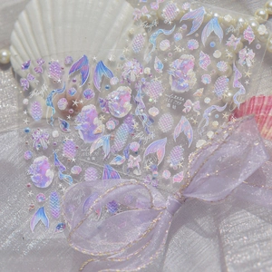 Stickers ongles 3D thème sirène et océan avec queues de poisson violettes et perles