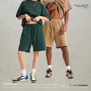 Men's vintage washed 420g cotton sweatshorts with elastic drawstring waist for summer