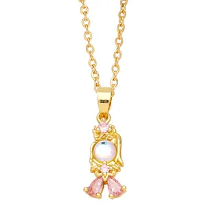 Golden mermaid princess necklace with pink zircon and white moonstone pendant for women
