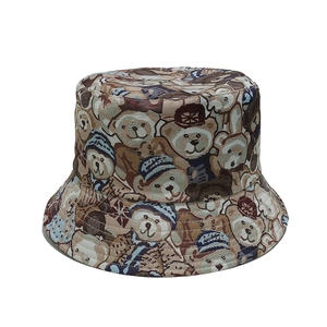 Women's summer sun hat with cute brown jacquard teddy bear patterns in tan finish